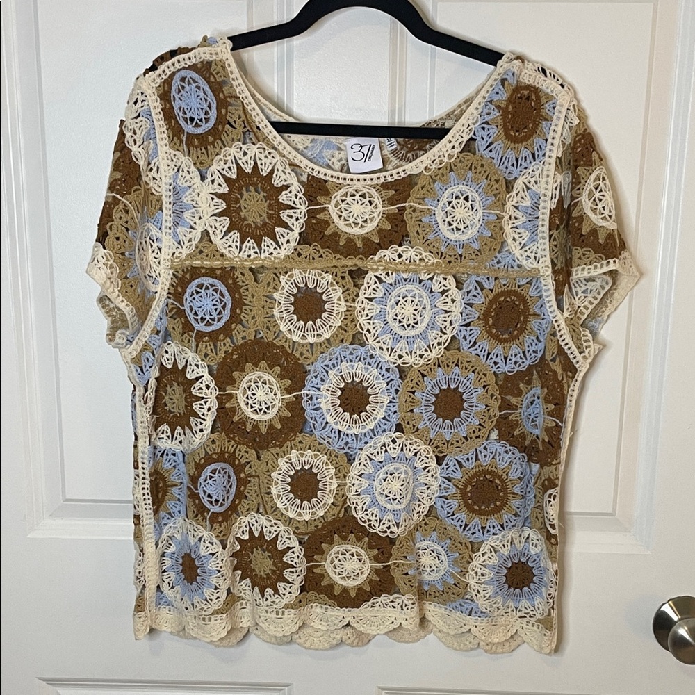37 Orchard Crochet Lace Blouse Brown Cream Blue XL Boho Top